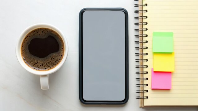 A coffee cup, smartphone, and a notepad with colorful sticky notes are arranged neatly on a workspace.