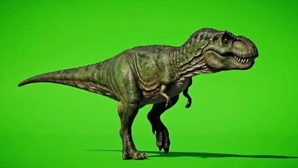 Tyrannosaurus Rex on vibrant green screen background, full body, walking posture