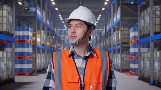Front View of Asian Male Engineer Walking at Warehouse Aisle with Chemical or Oil Barrels on Pallet Racking