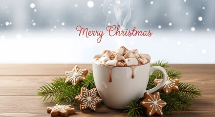 Steaming hot chocolate with marshmallows, gingerbread cookies, fir branches, Merry Christmas message.