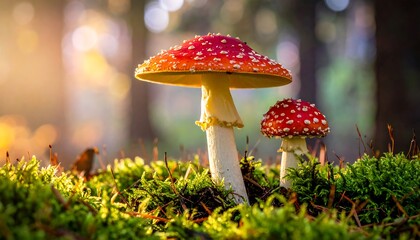 Two vibrant red mushrooms with white dots on mossy forest floor, sunlit background