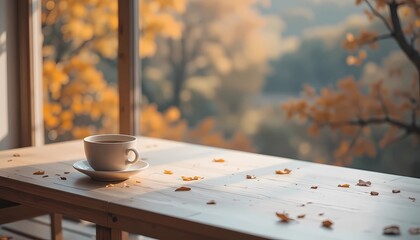 Autumn leaves on the table with serene autumnal Bokeh backdrop. Side view