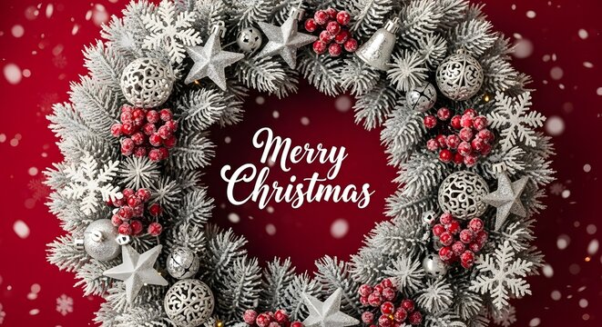 Snowy Christmas wreath adorned with berries, silver ornaments, and Merry Christmas text