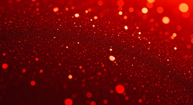 Vibrant red background with numerous glowing bokeh lights and sparkling particles