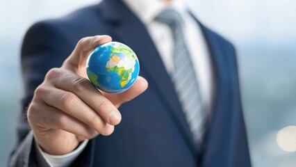 A businessman holds a globe, symbolizing global connectivity and international business opportunities in a modern setting.