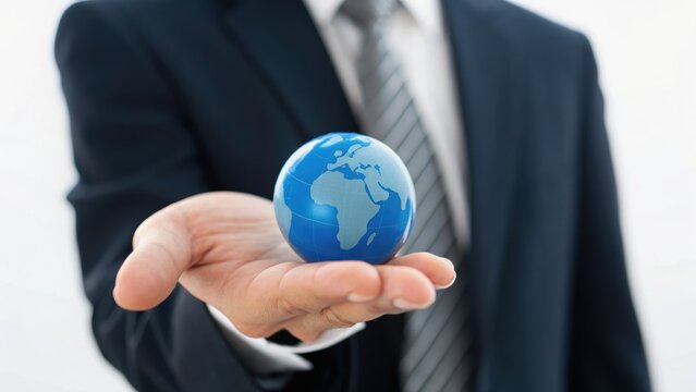 A businessman holds a globe in his hand, symbolizing global connectivity and responsibility in a corporate environment.