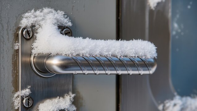 Close-up of a metal door handle covered in frost and snow. Ice crystals and frozen fixtures highlight extreme winter conditions, snowfall, snowdrifts, and door clearing in cold weather