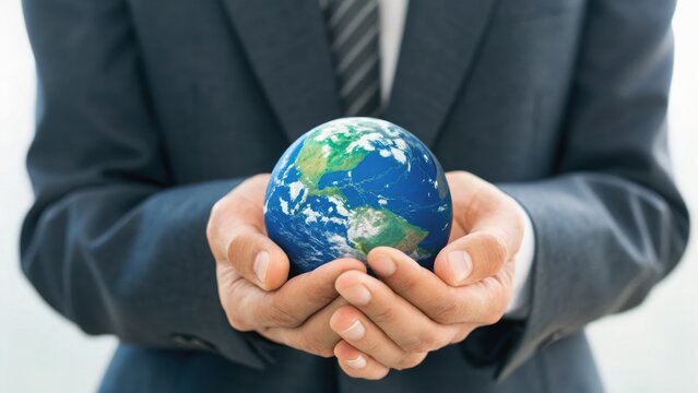 A business professional holds a small globe, symbolizing global responsibility and environmental awareness.