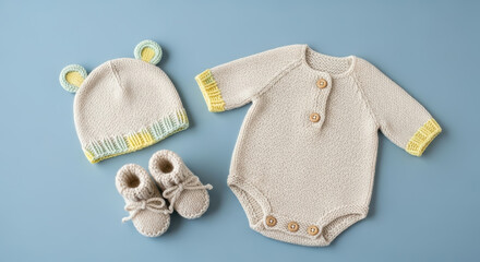 Baby clothing set featuring knitted onesie, hat with bear ears, and soft booties on a pastel blue background, showcasing adorable infant apparel for newborns