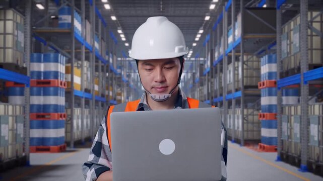 Front View of Asian Male Engineer Use Computer While Walking at Warehouse Aisle with Chemical or Oil Barrels on Pallet Racking