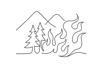 Minimalist Wildfire Art. Wildfire. Minimalistic one-line drawing trees and mountains with flowing flame lines