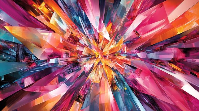 Bright geometric crystal explosion abstract with colorful sharp shapes
