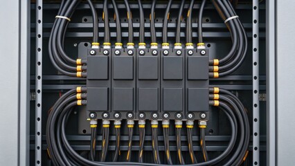 Control panel with multiple cables and connectors, showcasing electrical infrastructure and technology.