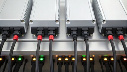 Close-up of multiple electronic devices with connected cables and indicator lights, showcasing technology infrastructure.