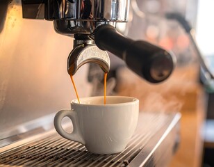 Espresso machine dispensing hot coffee into white ceramic cup