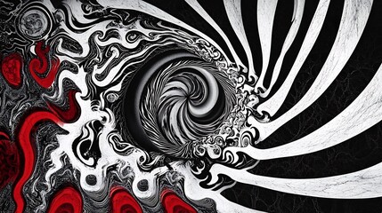 Surreal swirling black white and red abstract vortex design