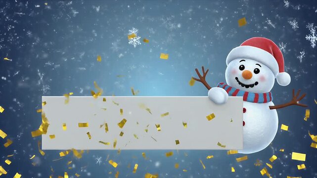 A friendly snowman in a Santa hat holding a blank sign ready for your festive winter greetings