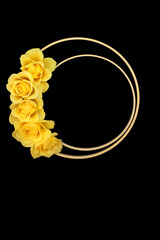 Yellow rose flower abstract wreath logo decoration design on black background, two wooden 
circular frames. Abstract floral garland, greeting card.   