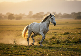 A majestic white horse gallops freely across a sunlit, grassy field, kicking up dust.