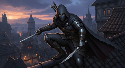 Naklejka premium mysterious rogue crouched on cliff edge under cold moonlit sky