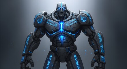 futuristic combat robot standing ready in metallic environment with glowing highlights