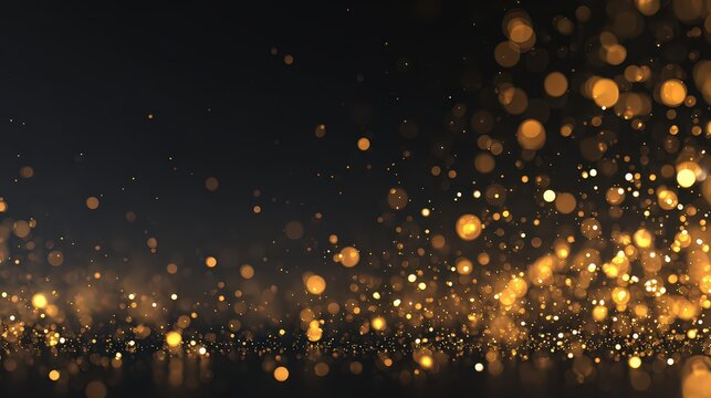 Abstract Golden Bokeh Particles Floating Against Dark Background Creating Festive Ambiance