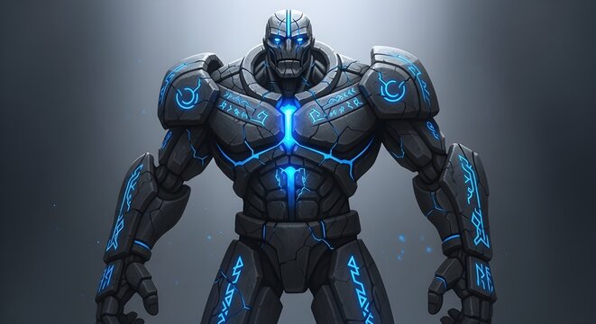 futuristic combat robot standing ready in metallic environment with glowing highlights