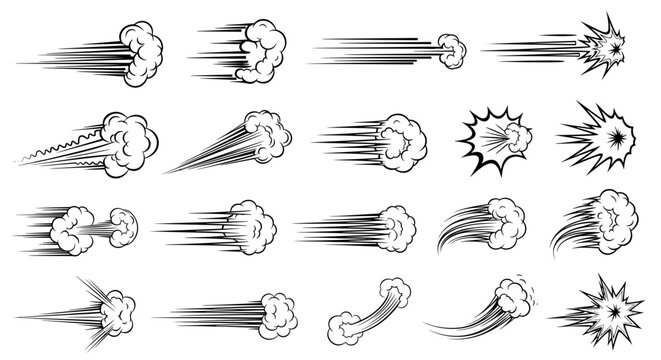 Collection of comic book speed lines, motion trails, and burst effects with smoke clouds for dynamic action and fast movement.