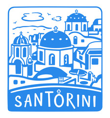 Greece, Santorini Island. Traditional white architecture and Greek Orthodox churches with blue domes over the caldera of the Aegean Sea. Vector illustration.