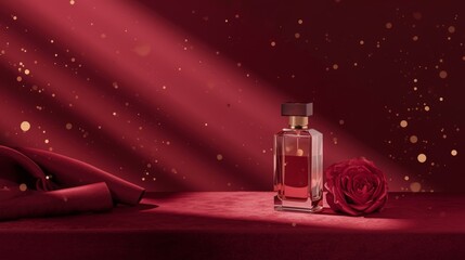 an elegant perfume bottle with luxury burgundy background with deep wine-red gradients
