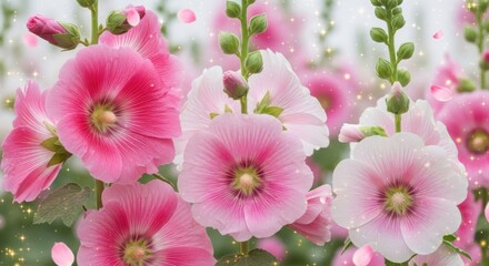 Fototapeta premium Beautiful pink hollyhock flowers blooming in summer garden