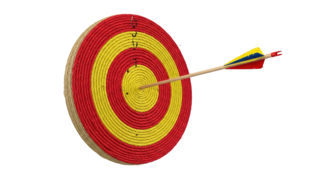 Isolated target with arrow, archery game, aiming achievement, success concept, dartboard