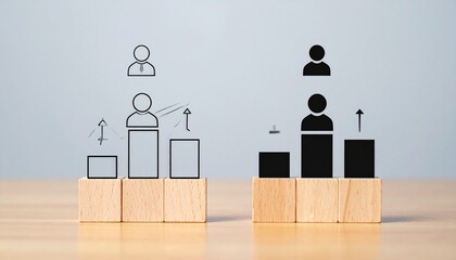 Wooden Blocks with Bar Charts and Icons Representing Team Growth and Personnel Development