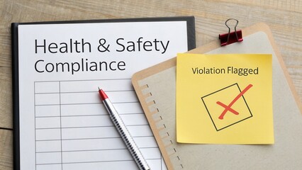 Health and Safety Compliance Checklist with Violation Flagged Note and Pen on Wooden Table Background