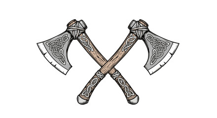 Two stylized Viking axes with Celtic knot patterns on their blades and handles are crossed against a white background, symbolizing strength and heritage.