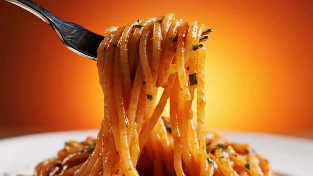Delicious spaghetti with sauce on plate with fork against warm background