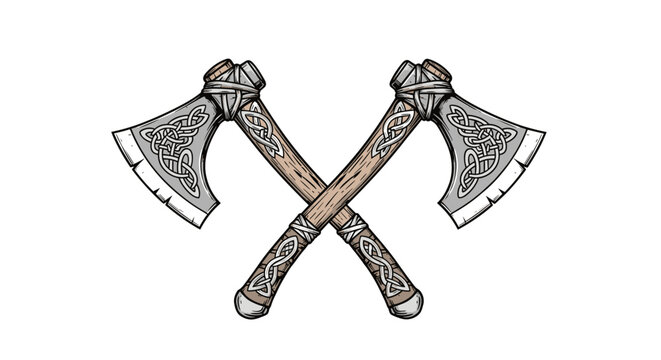 Two stylized Viking axes with Celtic knot patterns on their blades and handles are crossed against a white background, symbolizing strength and heritage.