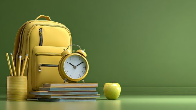 Backpack School Supplies On Green Background