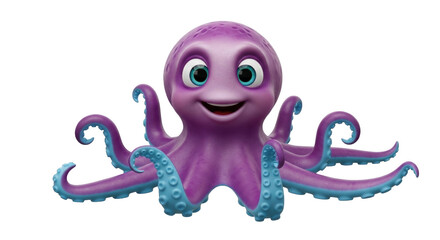 Isolated cartoon octopus with purple skin and blue sucker, cute and smiling, underwater animal