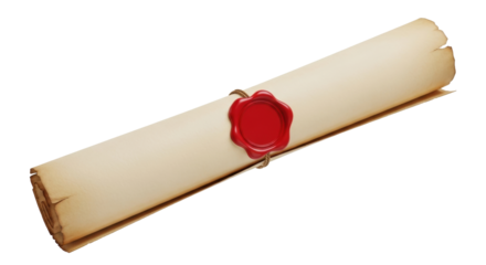 Isolated ancient rolled scroll sealed with red wax, invitation letter, antique, history