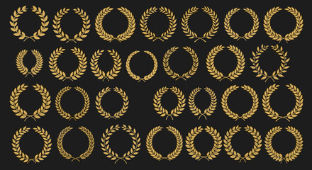 A collection of various gold laurel wreaths in different styles, symbolizing victory, achievement, and awards, set against a dark background.