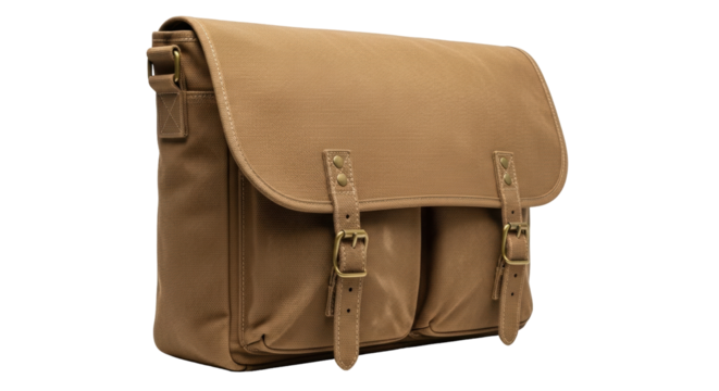 Isolated satchel for everyday use, brown canvas messenger bag, with adjustable strap buckles