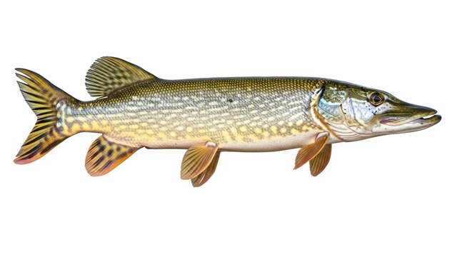Isolated pike freshwater fish, known as Esox Lucius, standing alone without background