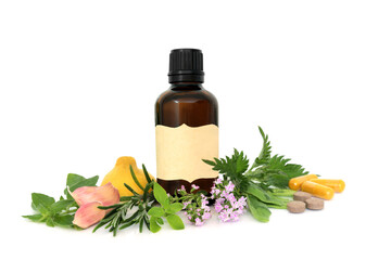 Antihistamine herbal medicine for sneezing hay fever and itching allergies on white. Medicinal natural drug treatment options with herbs, fruit, capsules and pills.