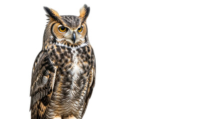 Isolated great horned owl portrait, nocturnal predator with feathered ear tufts and piercing eyes