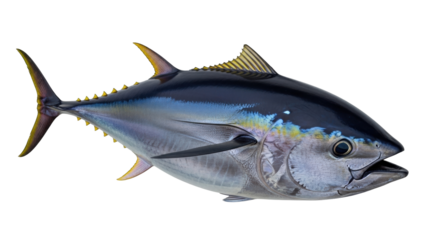 Isolated yellowfin tuna swimming, vibrant marine fish against a simple backdrop, ready for design