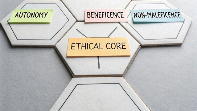 Ethical Principles of Medicine Displayed with Sticky Notes on Hexagonal Board for Healthcare and Philosophy Concepts