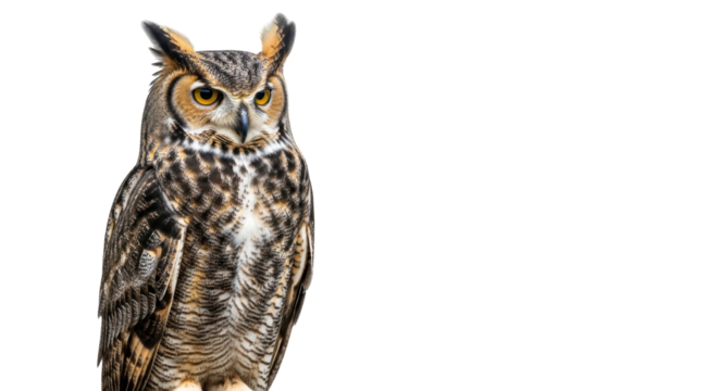 Isolated great horned owl portrait, nocturnal predator with feathered ear tufts and piercing eyes