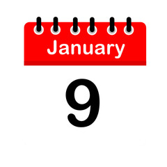 January 9 calendar icon flat design illustration. Calendar template, red and white, sticker, poster, banner, emoticon.