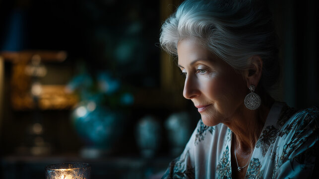 Elderly woman reflecting while sitting at a table with candlelight